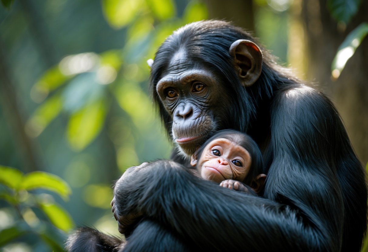 A chimpanzee mother gently holding and caring for her baby in a forest.