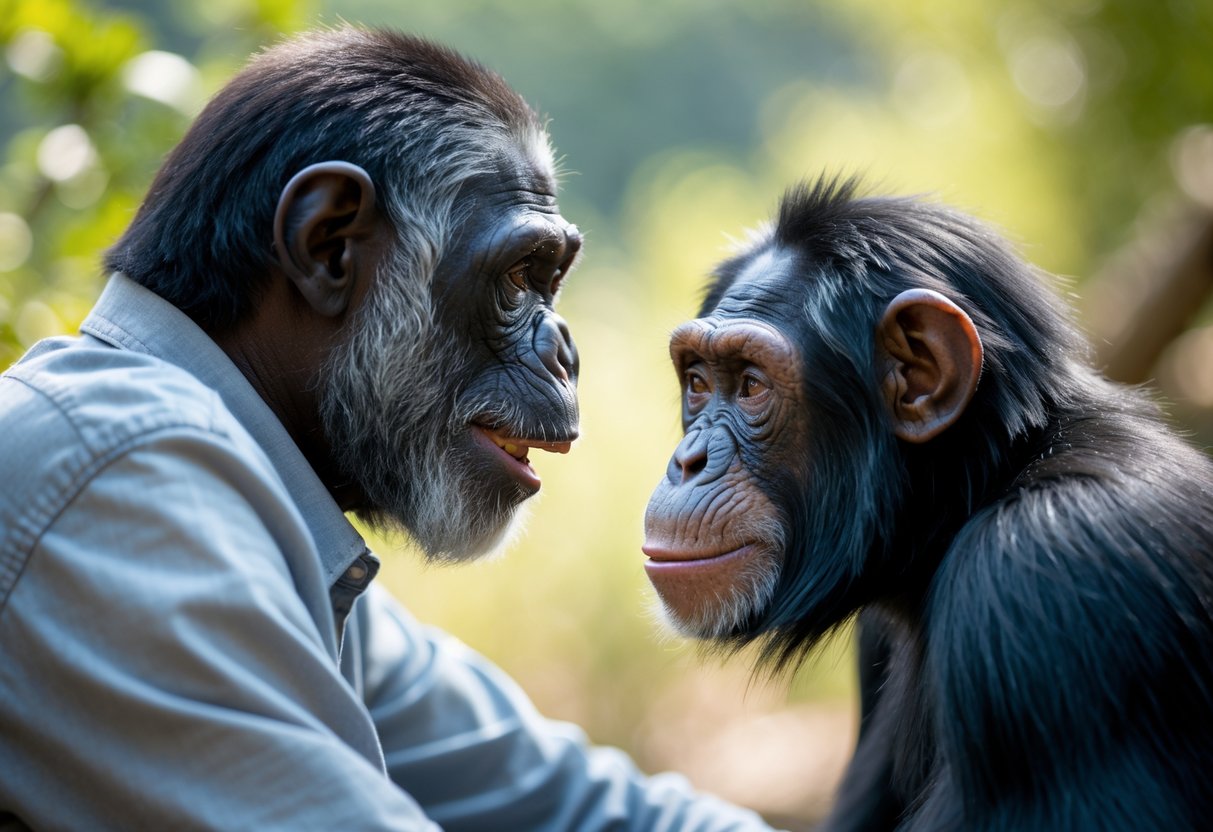 A human smiling gently at a chimpanzee in a natural outdoor setting.