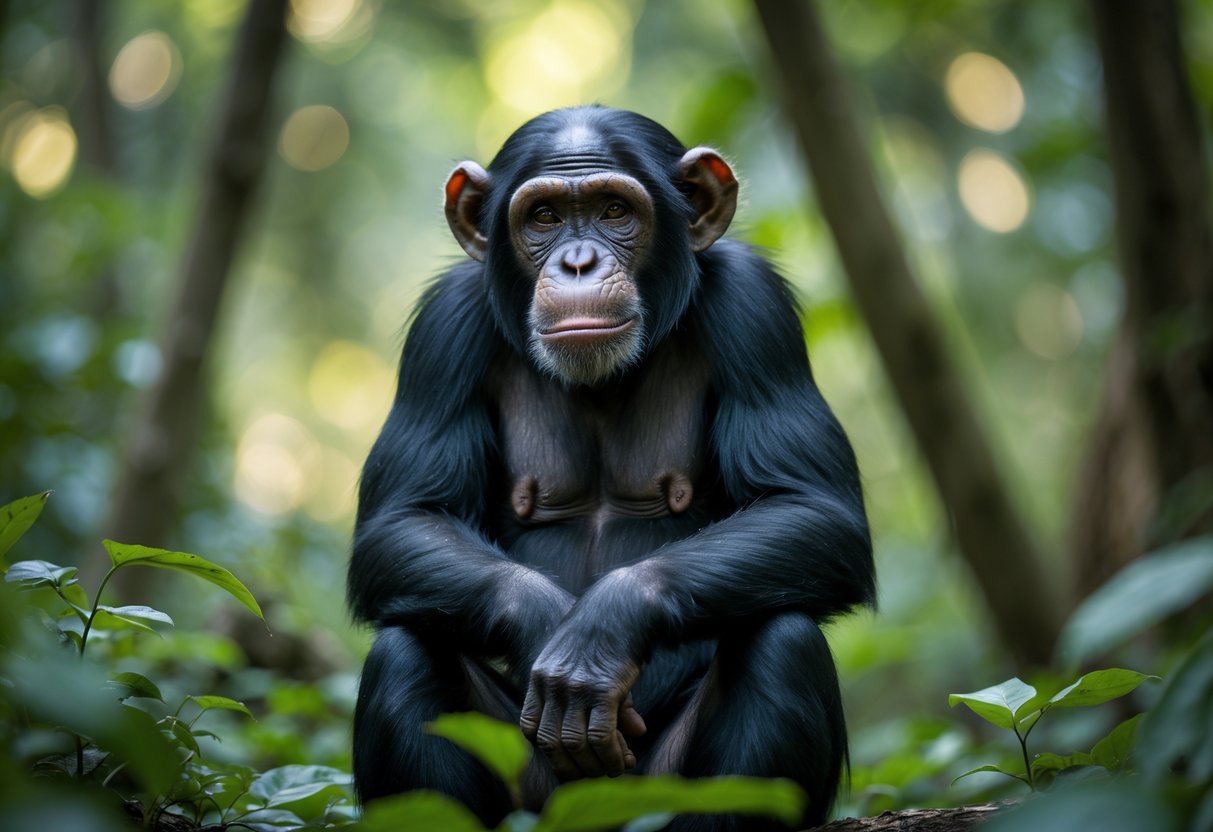 A chimpanzee sitting in a forest looking thoughtful and curious.