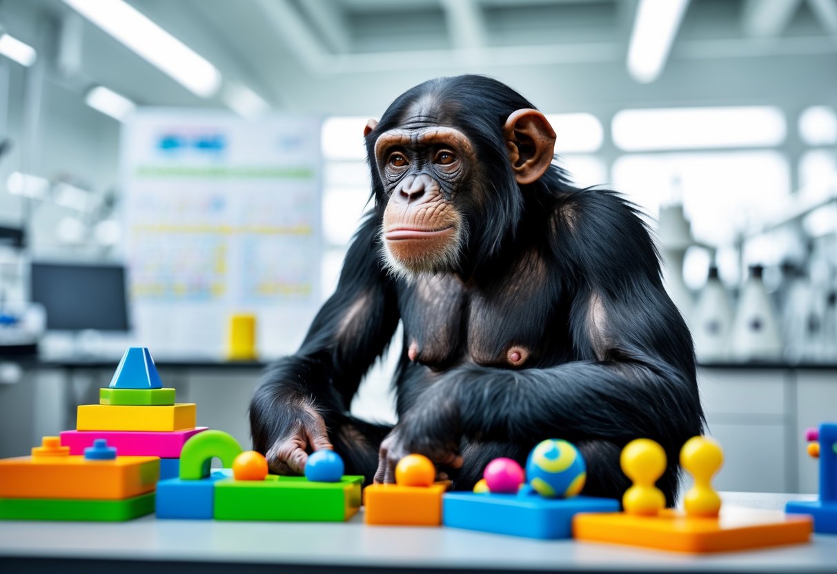 A chimpanzee sitting at a table with educational toys and puzzles in a laboratory setting.