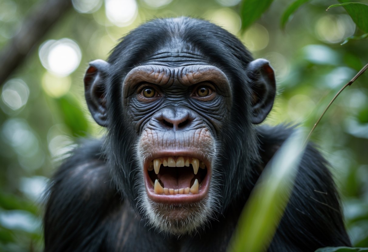 Close-up of an angry chimpanzee showing its teeth in a forest setting.