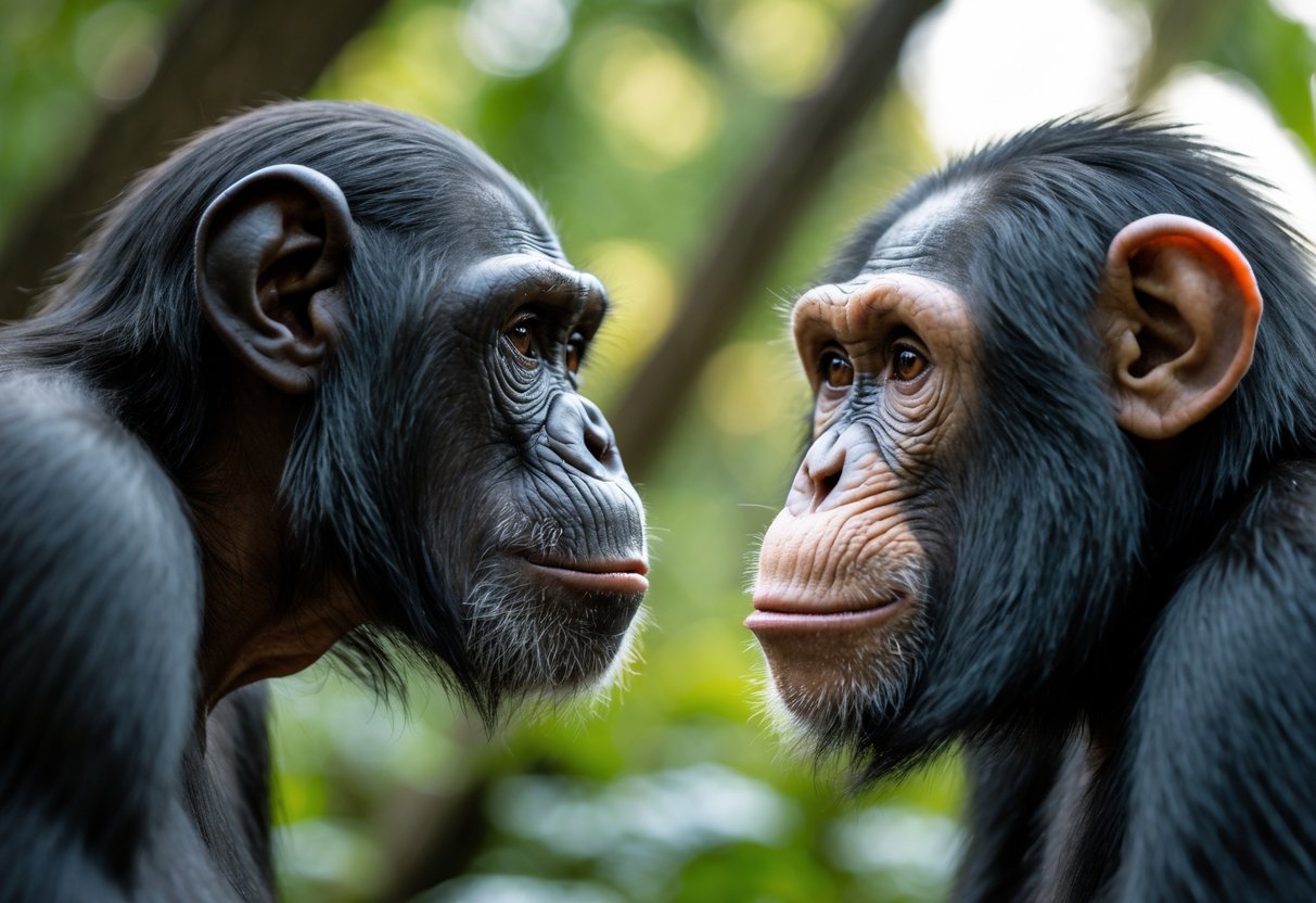 A human and a chimpanzee making eye contact in a natural outdoor setting surrounded by greenery.