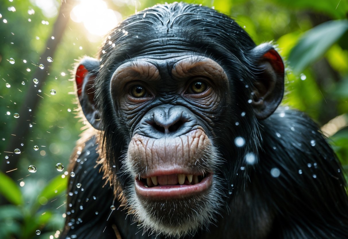 A chimpanzee spitting droplets in a green forest setting with sunlight filtering through the trees.