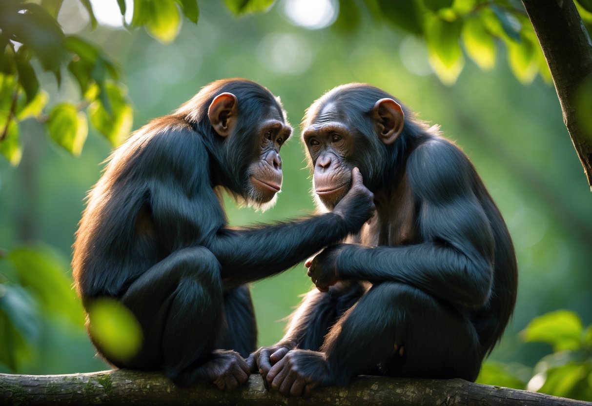 Two chimpanzees sitting close together on a tree branch, touching faces and looking into each other's eyes in a forest.