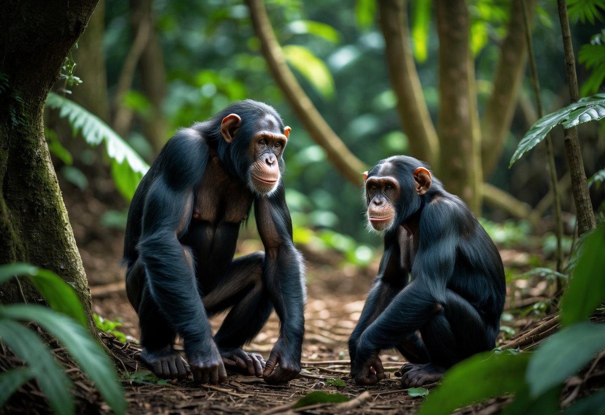 A male chimpanzee displaying dominant behavior towards a female chimpanzee in a forest setting.