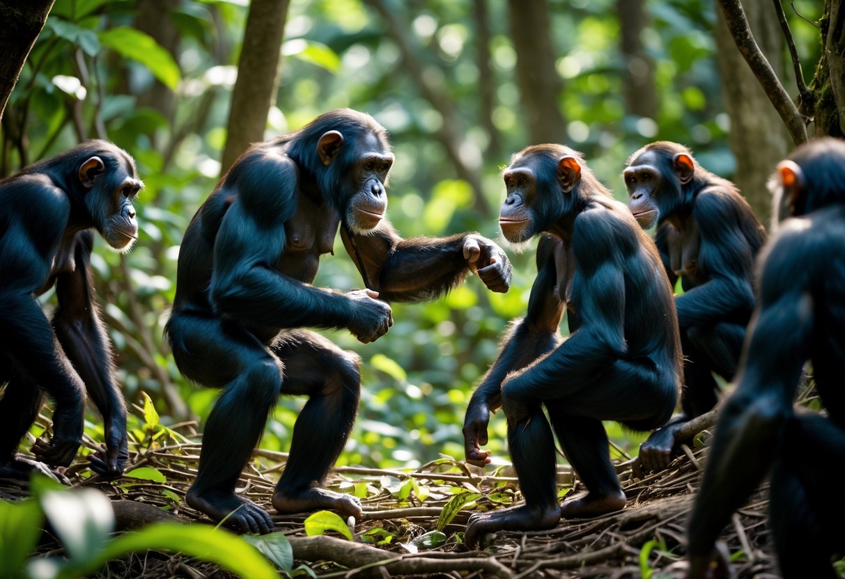A dominant male chimpanzee interacts assertively with a female chimpanzee in a dense forest, surrounded by other chimpanzees.