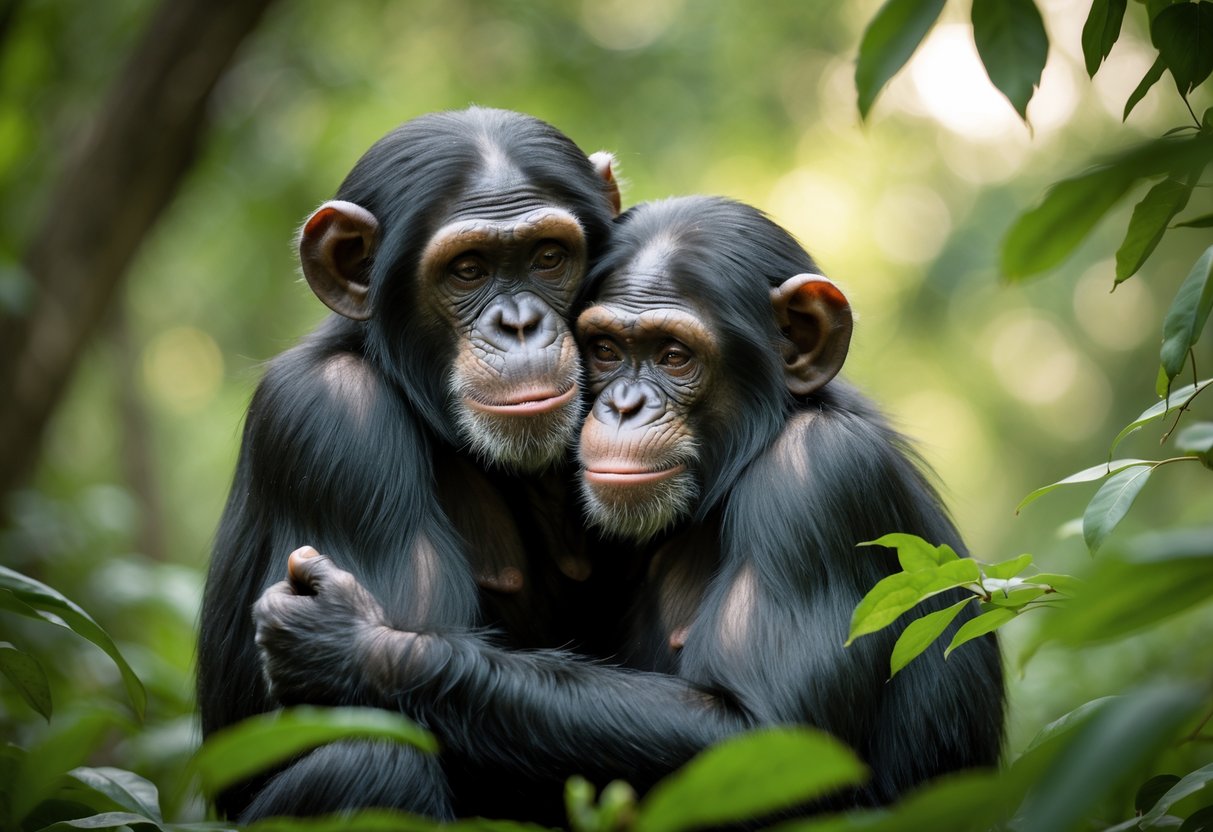 Two chimpanzees in a forest, one gently hugging the other in a tender moment.