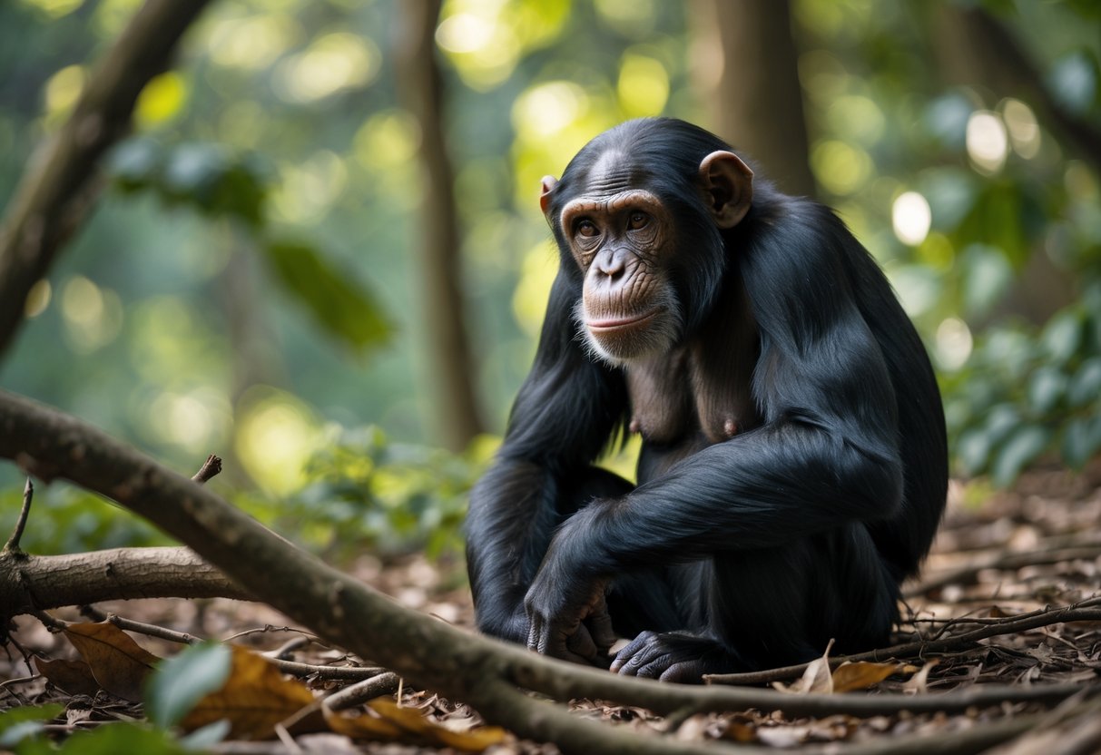 A chimpanzee sitting quietly in a forest, looking thoughtfully at the ground.