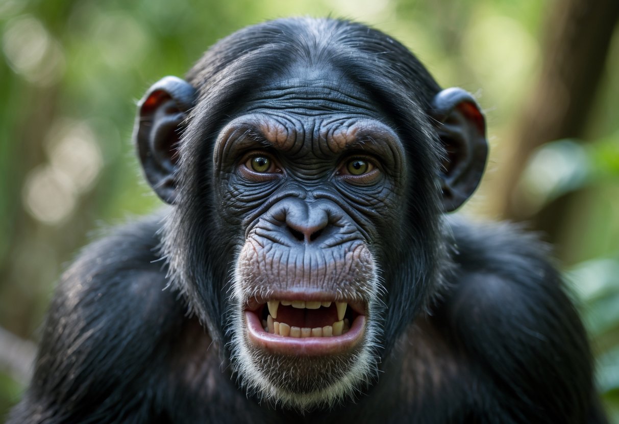 Close-up of a chimpanzee showing an angry expression in a forest setting.