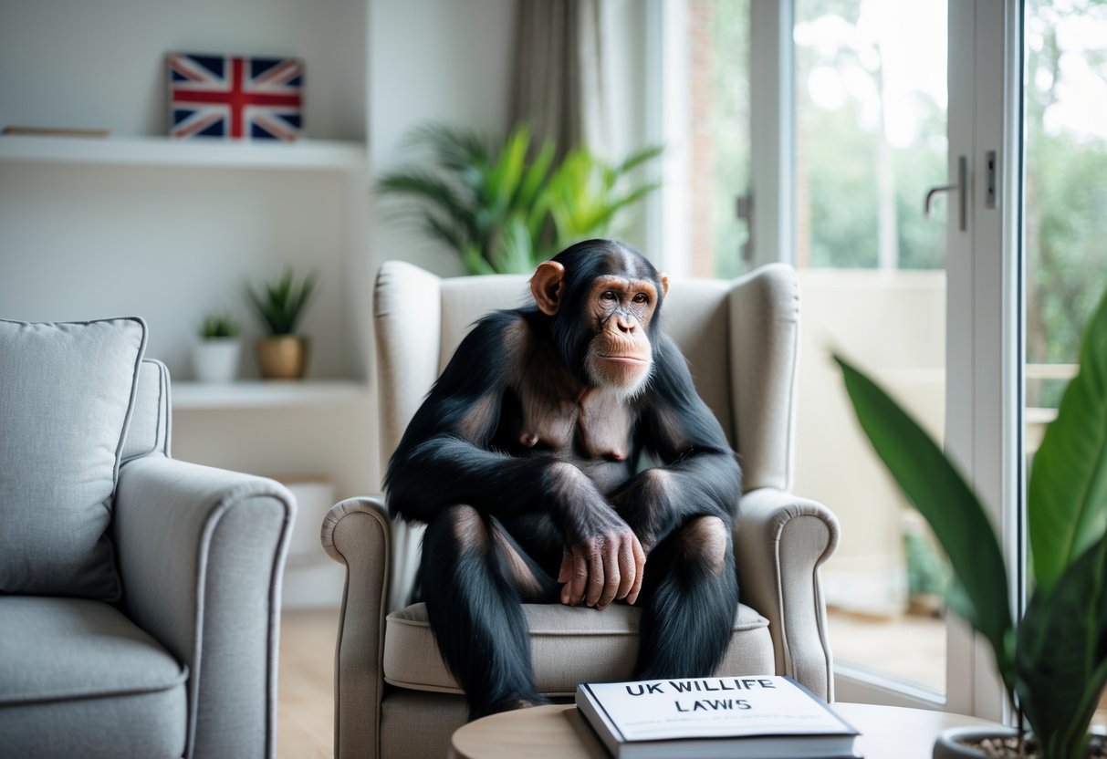 A person standing next to a chimpanzee sitting on an armchair in a bright living room with UK-themed decor.