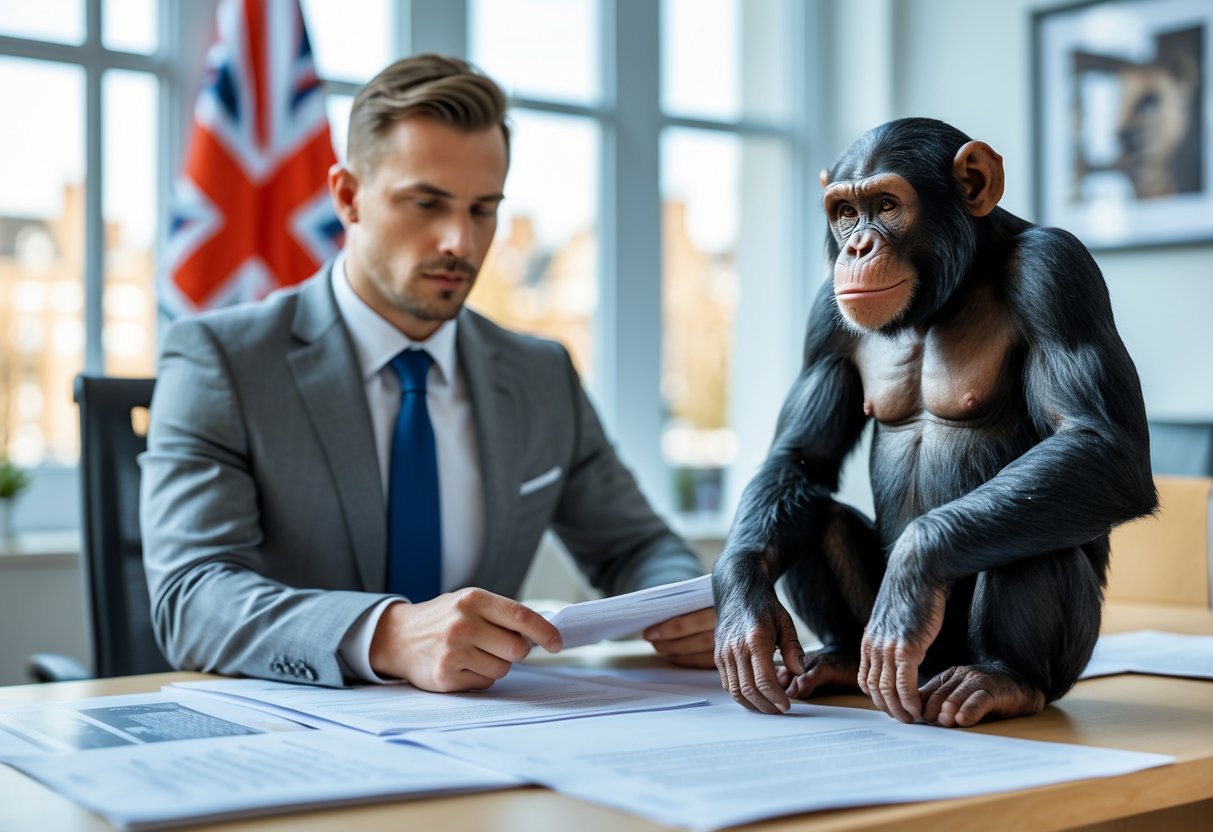 A legal professional at a desk reviewing documents with a chimpanzee figurine nearby and a British flag visible through a window.