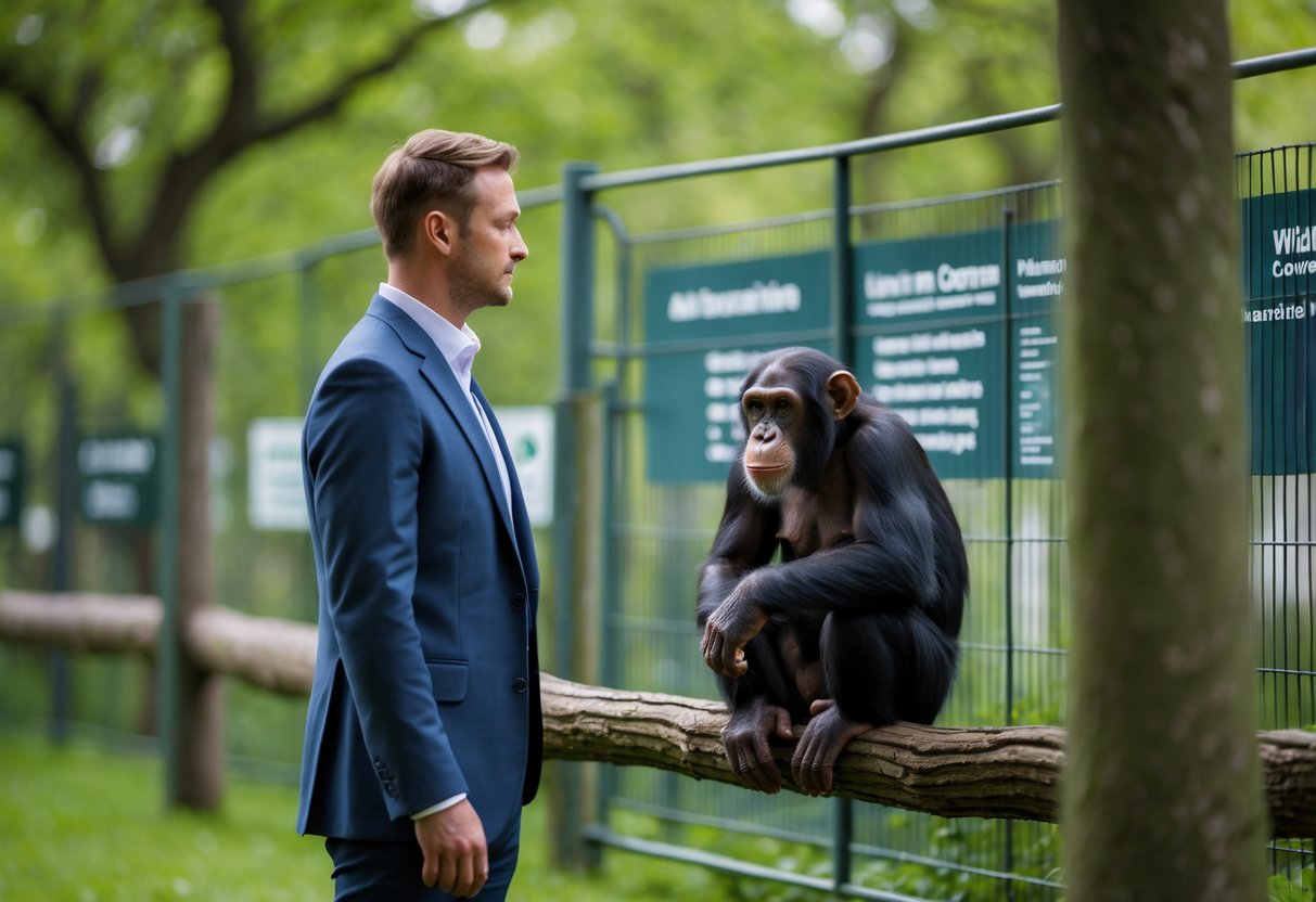 A person standing near a chimpanzee behind a secure enclosure in a green park setting.