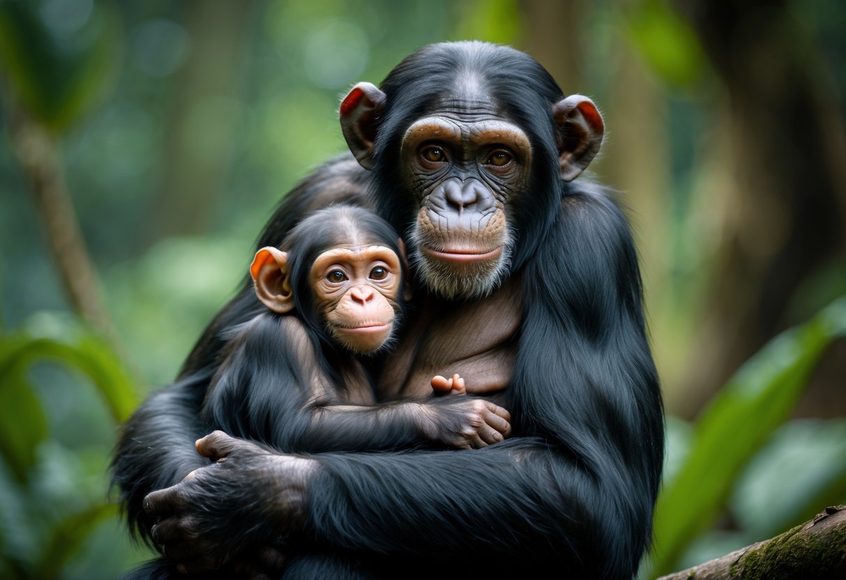 A chimpanzee mother gently holding her infant close in a forest setting.
