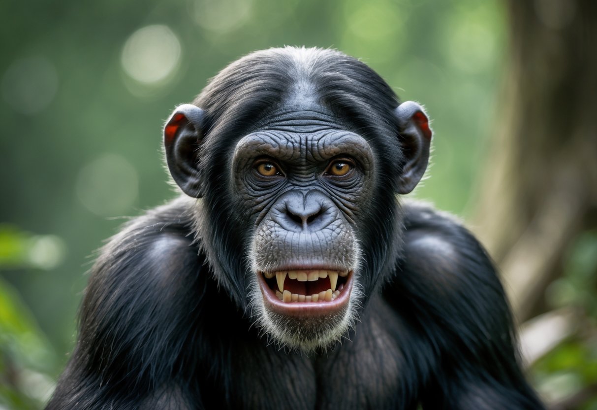 Close-up of an angry chimpanzee showing bared teeth and intense facial expression in a forest setting.