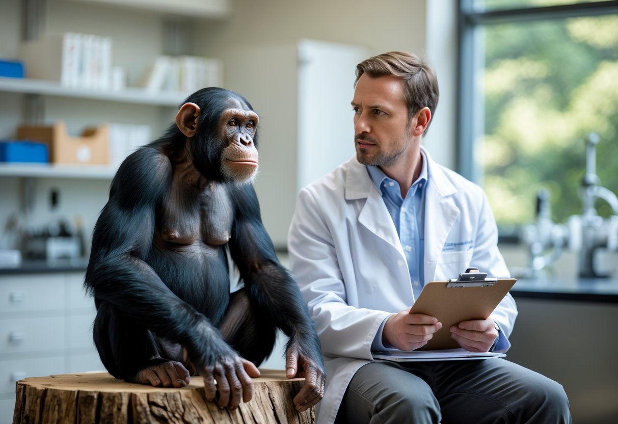 A chimpanzee and a human scientist sitting side by side in a research laboratory, both looking thoughtful.