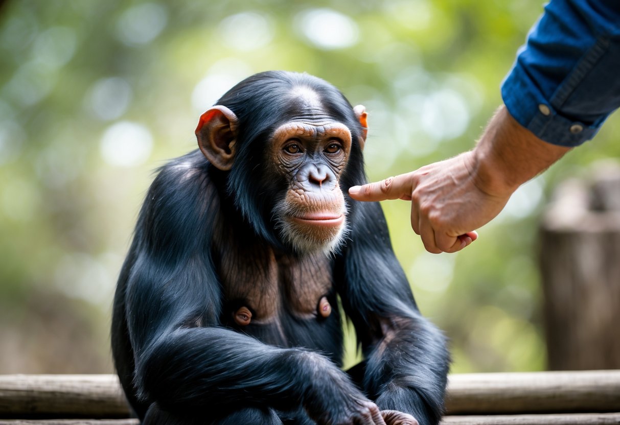 A chimpanzee looks attentively at a human who is pointing with their finger outdoors.