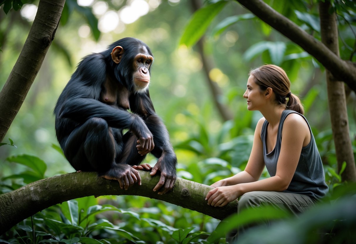 A chimpanzee sitting on a tree branch looking at a human seated nearby on the forest floor in a green forest.