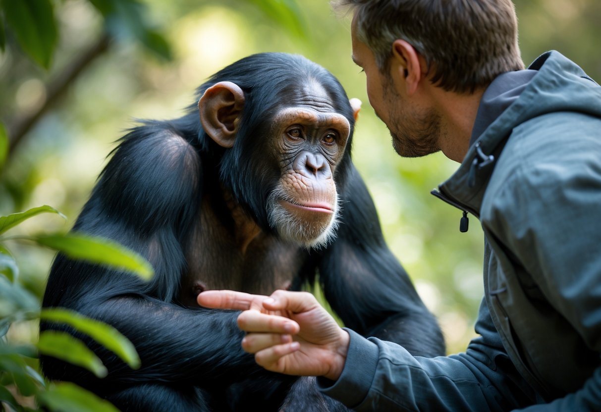 A chimpanzee attentively looking at a human's pointing hand outdoors surrounded by green foliage.