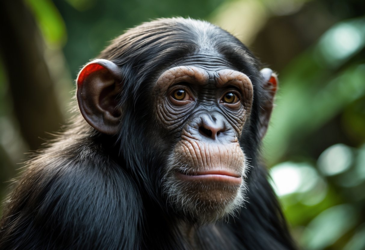 Close-up of a chimpanzee looking slightly away from the camera in a forest setting.
