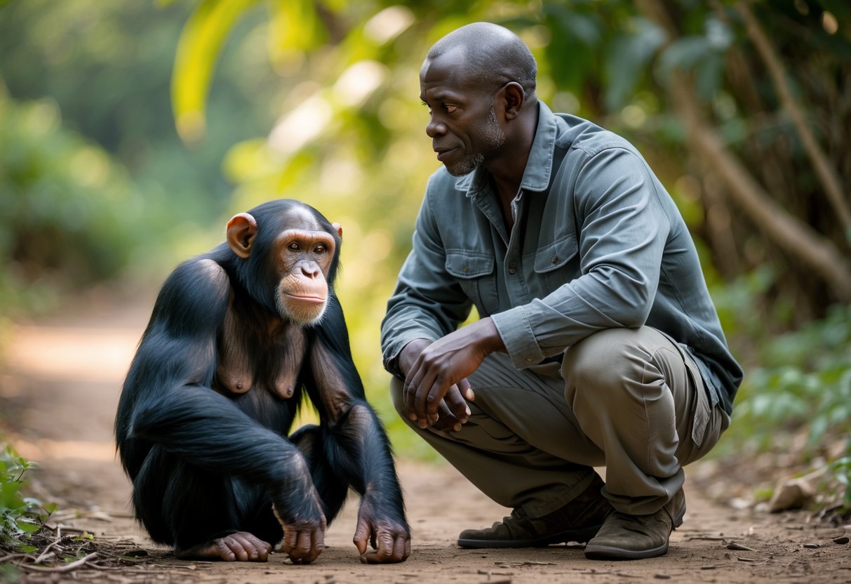 A man stands calmly near a chimpanzee sitting on the ground in a green outdoor setting.