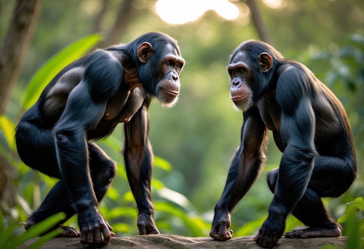 A man and a chimpanzee face each other outdoors, both alert and focused in a natural setting.