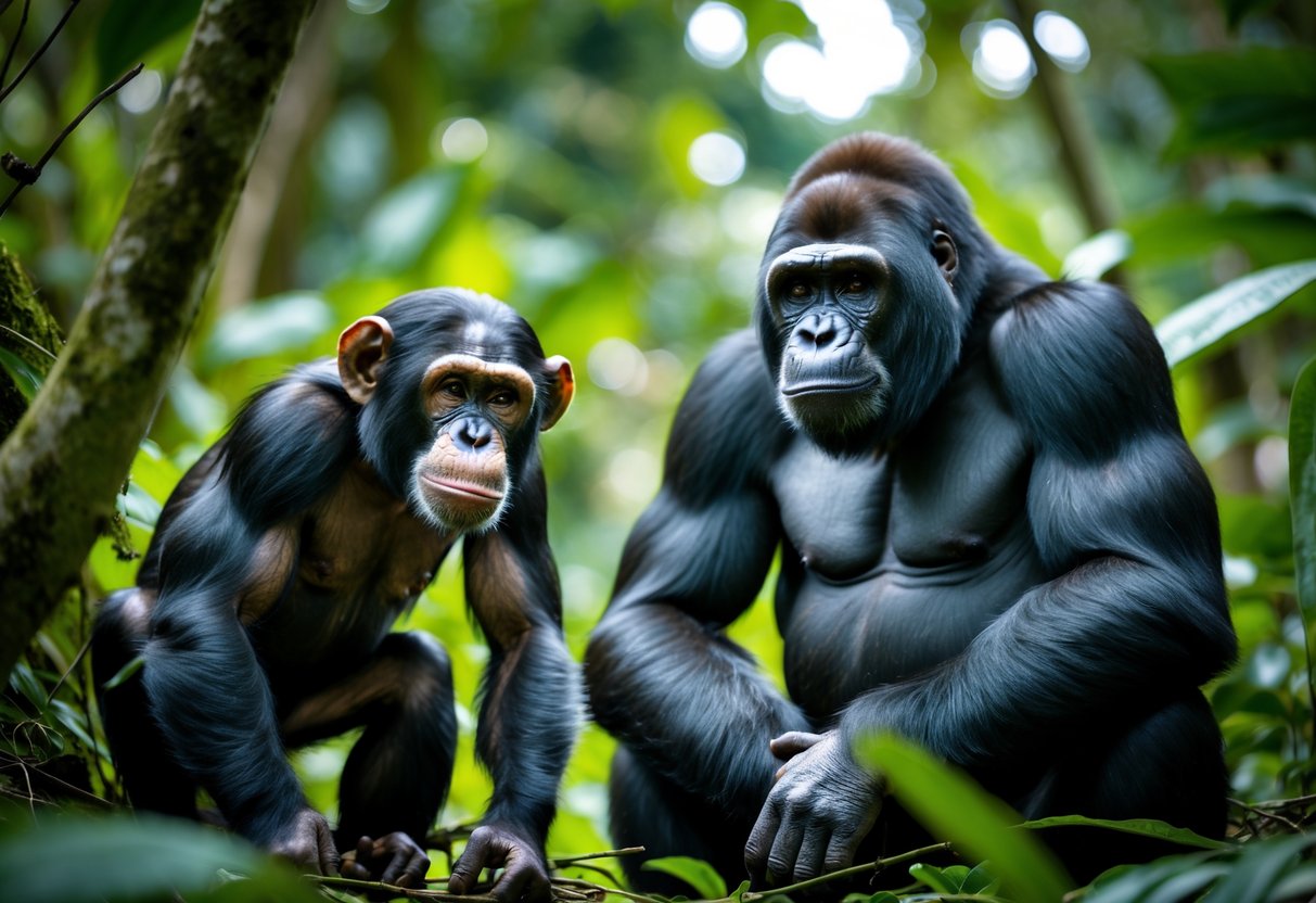 A chimpanzee and a gorilla standing side by side in a jungle setting surrounded by green foliage.