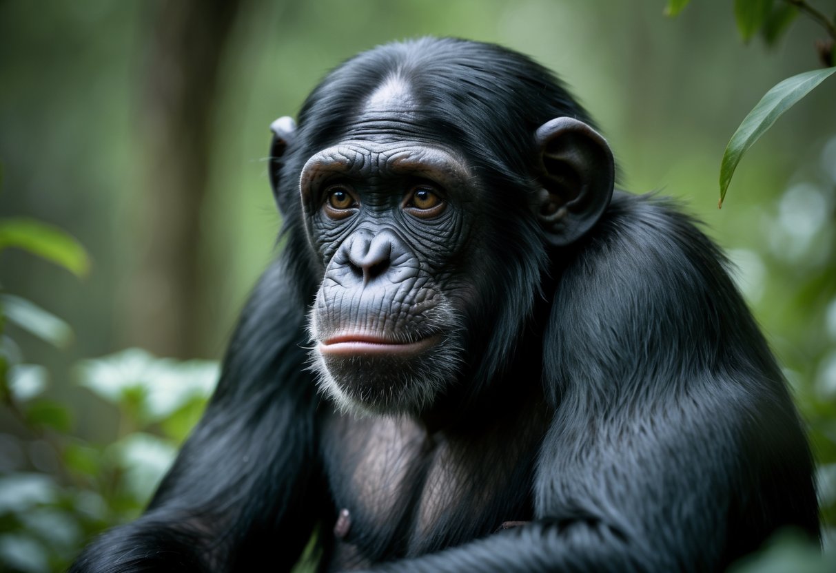 A chimpanzee with a sad expression and tears near its eyes sitting in a forest.