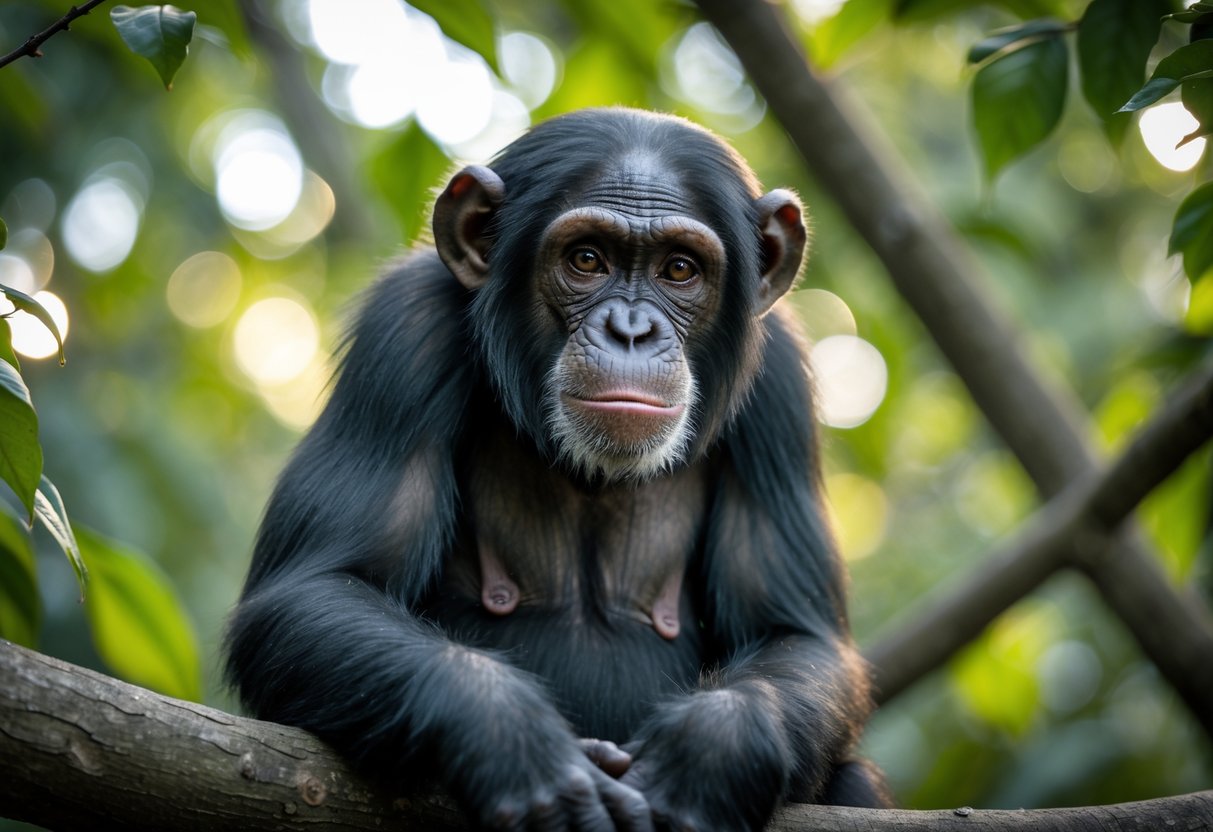 A chimpanzee sitting calmly on a tree branch in a forest, looking directly ahead with a neutral expression.