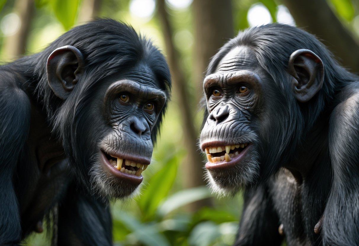 Two adult chimpanzees in a forest showing intense expressions and body language indicating aggression.