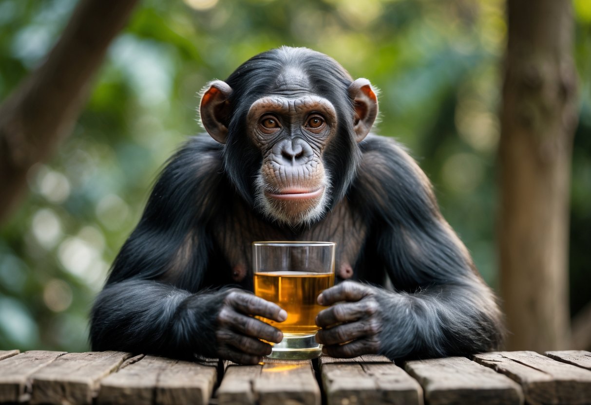 A chimpanzee sitting at a wooden table outdoors, holding a glass with amber liquid.