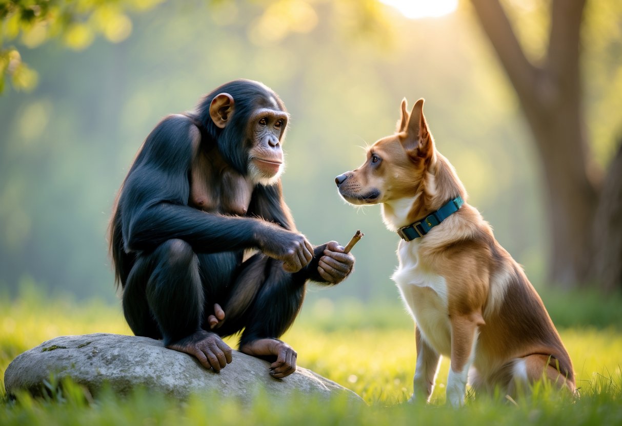 A chimpanzee and a dog sitting facing each other outdoors with attentive expressions.