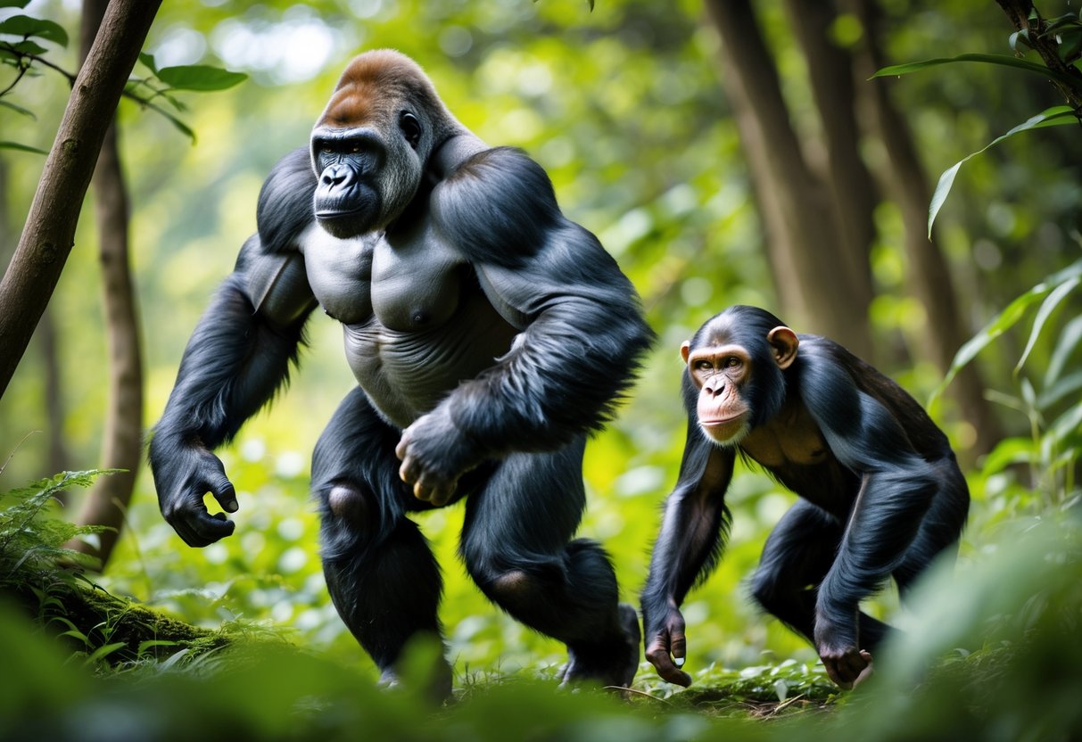 A gorilla and a chimpanzee running side by side in a forest.