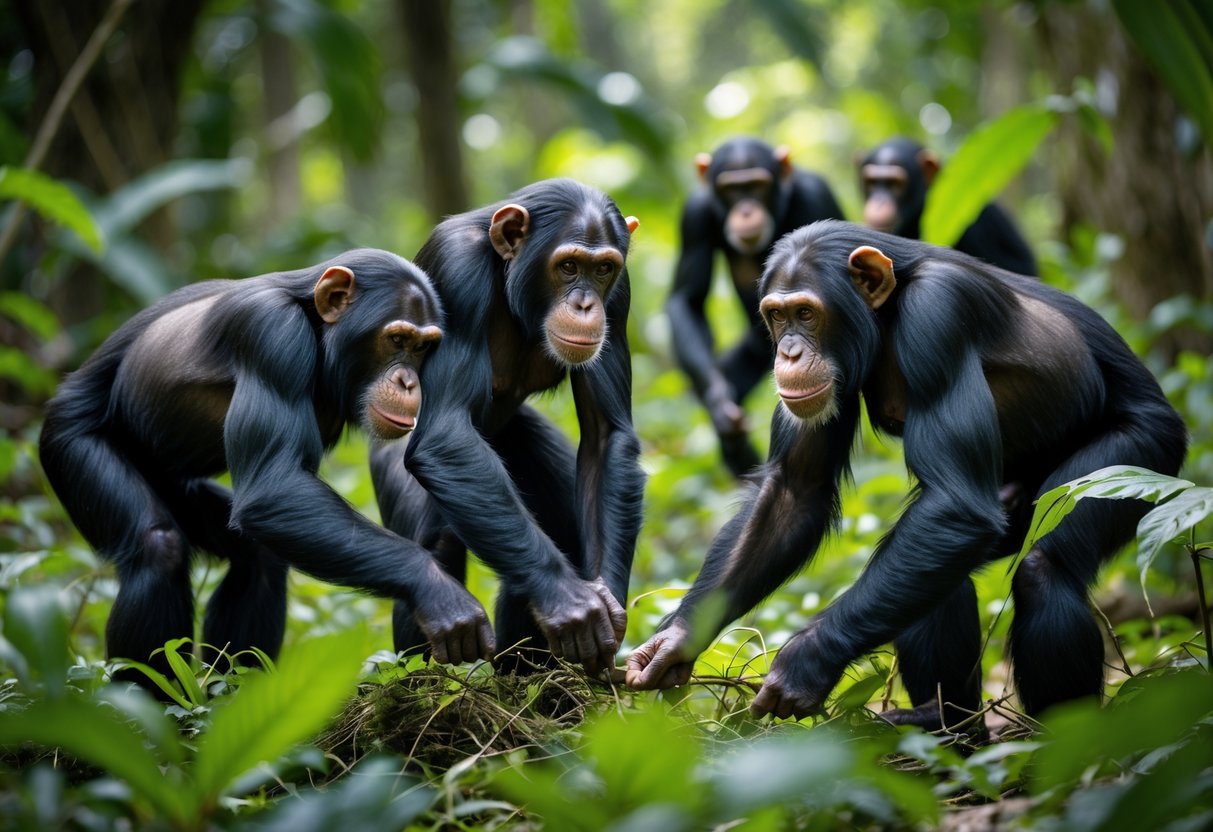 Female chimpanzees in a tropical forest actively hunting small prey among dense vegetation.