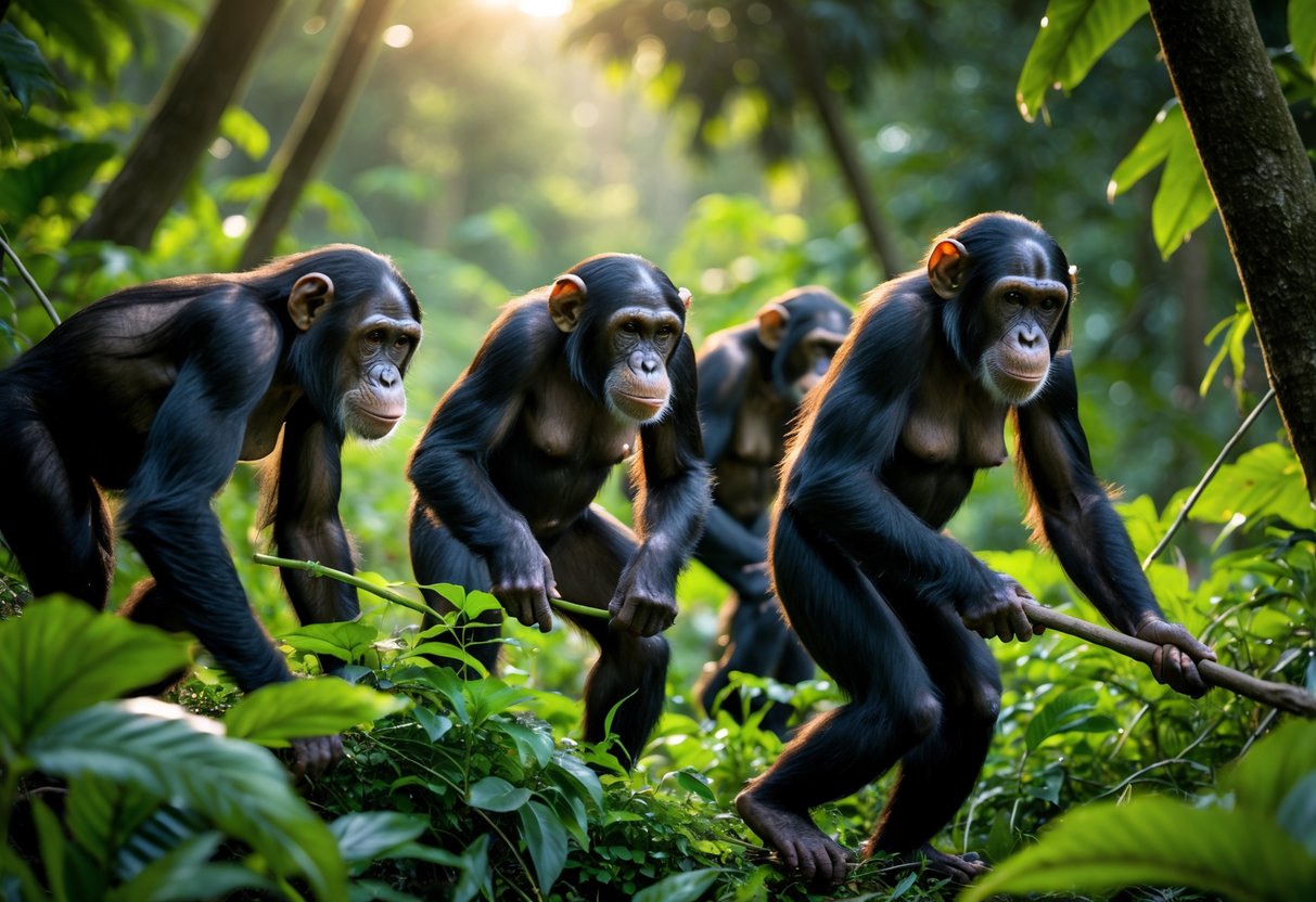 Female chimpanzees in a forest using tools and stalking prey during daylight.