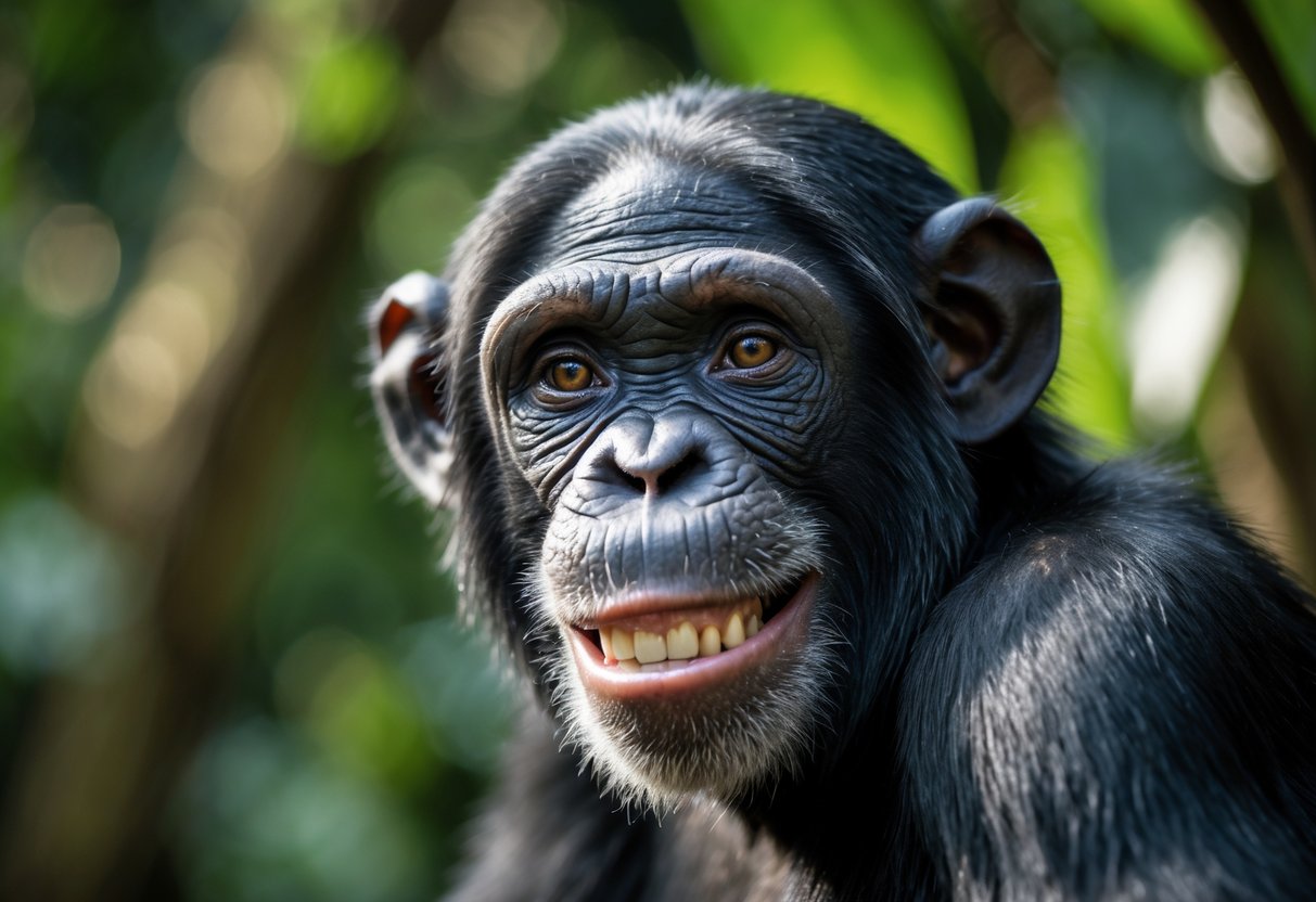 Close-up of a chimpanzee smiling and looking directly at the camera with a green jungle background.