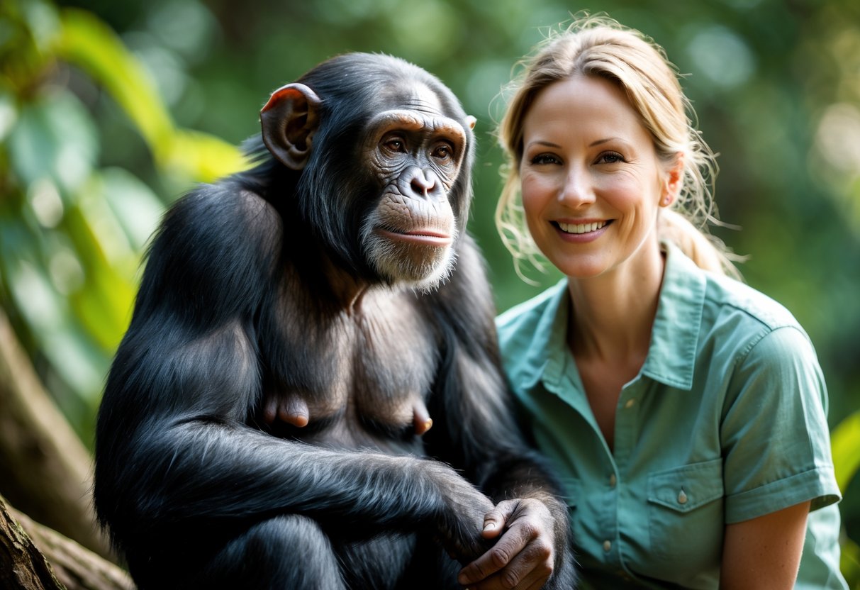 A chimpanzee calmly sitting next to a smiling adult human in a green outdoor environment, both appearing relaxed and friendly.