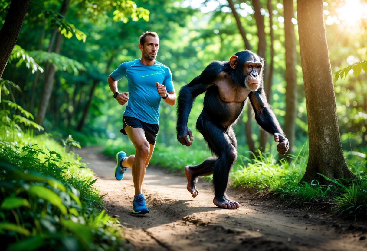 A human runner and a chimpanzee sprinting side by side on a forest trail surrounded by green trees.