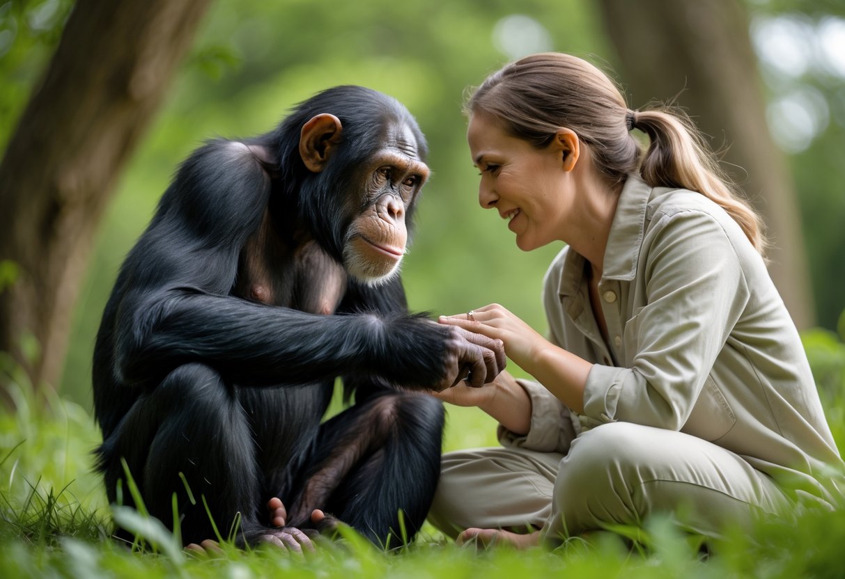 A chimpanzee and a human sitting close together outdoors, gently touching hands and looking at each other with calm expressions.
