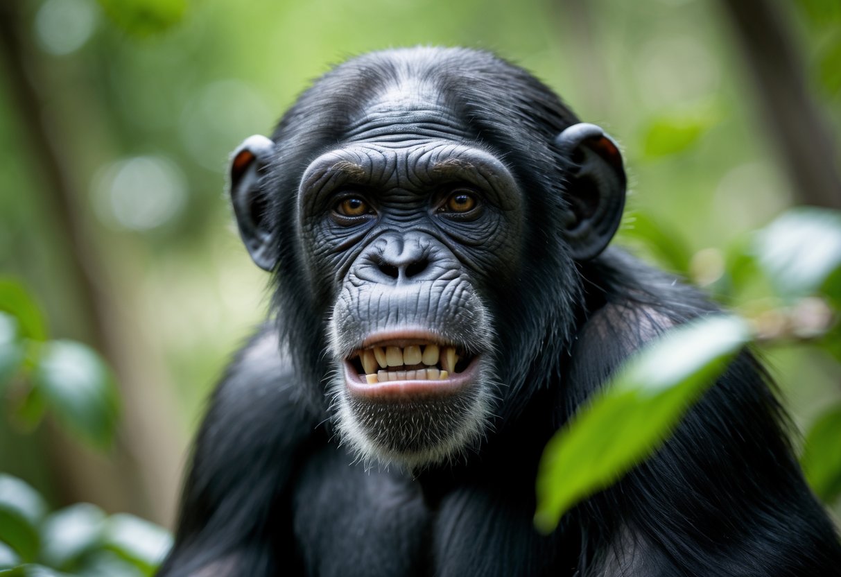Close-up of a chimpanzee showing an irritated facial expression in a forest setting.
