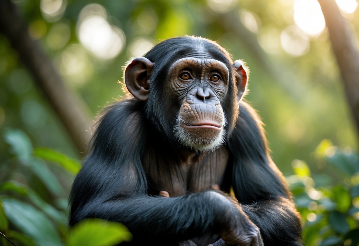 A chimpanzee sitting outdoors looking thoughtful with green foliage in the background.