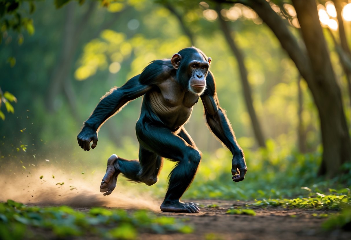 A chimpanzee running quickly through a forest clearing with trees and sunlight in the background.