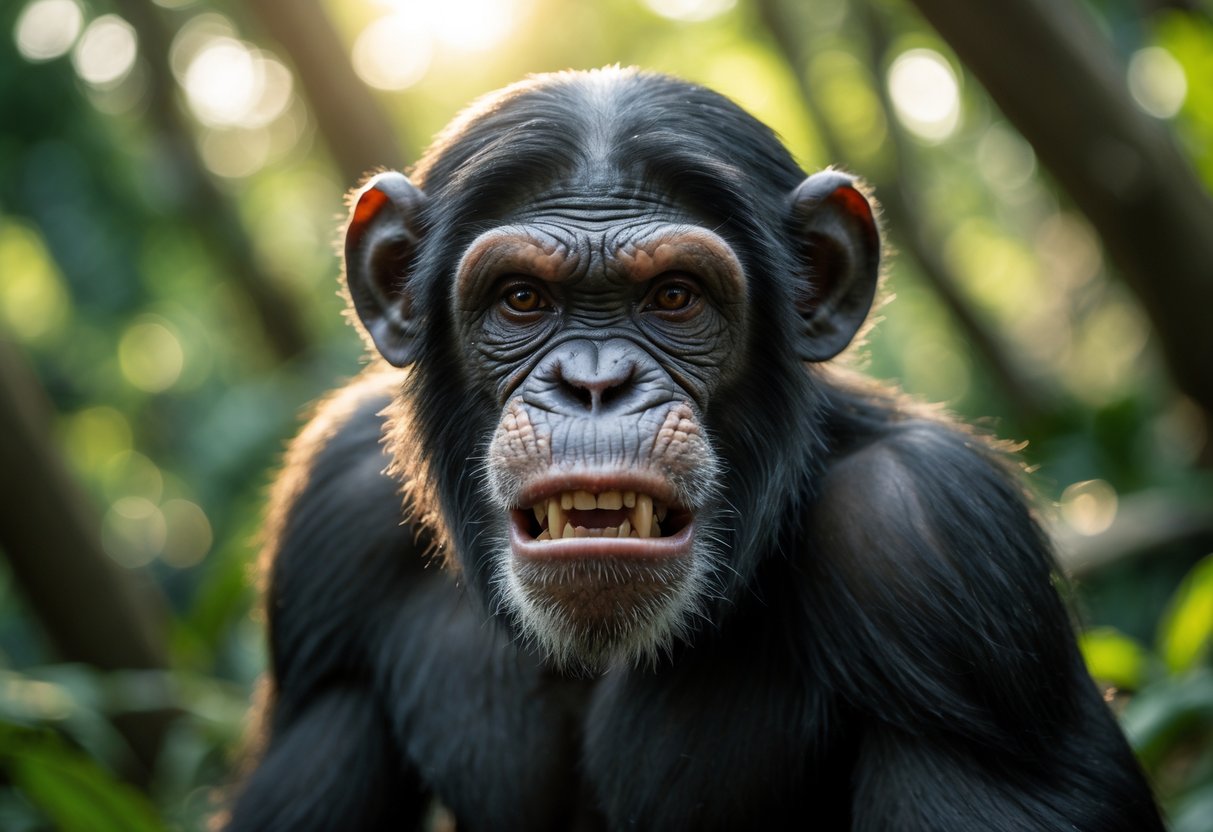 Close-up of a chimpanzee in a forest showing an intense and aggressive expression.