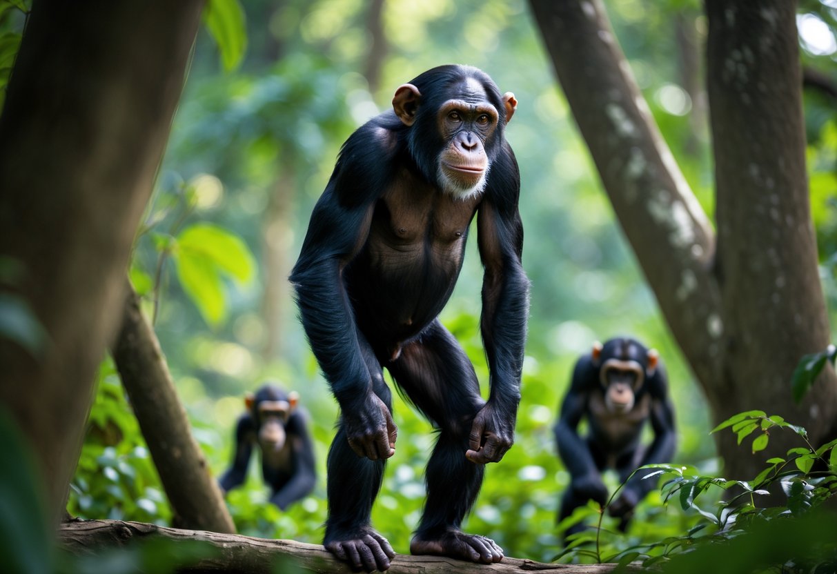 A chimpanzee standing upright on two legs in a forest, with other chimpanzees moving on all fours in the background.