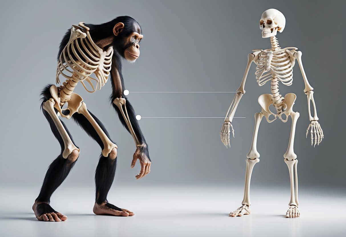 Side-by-side comparison of chimpanzee and human skeletons highlighting differences in pelvis, spine, legs, and feet that affect walking on two legs.