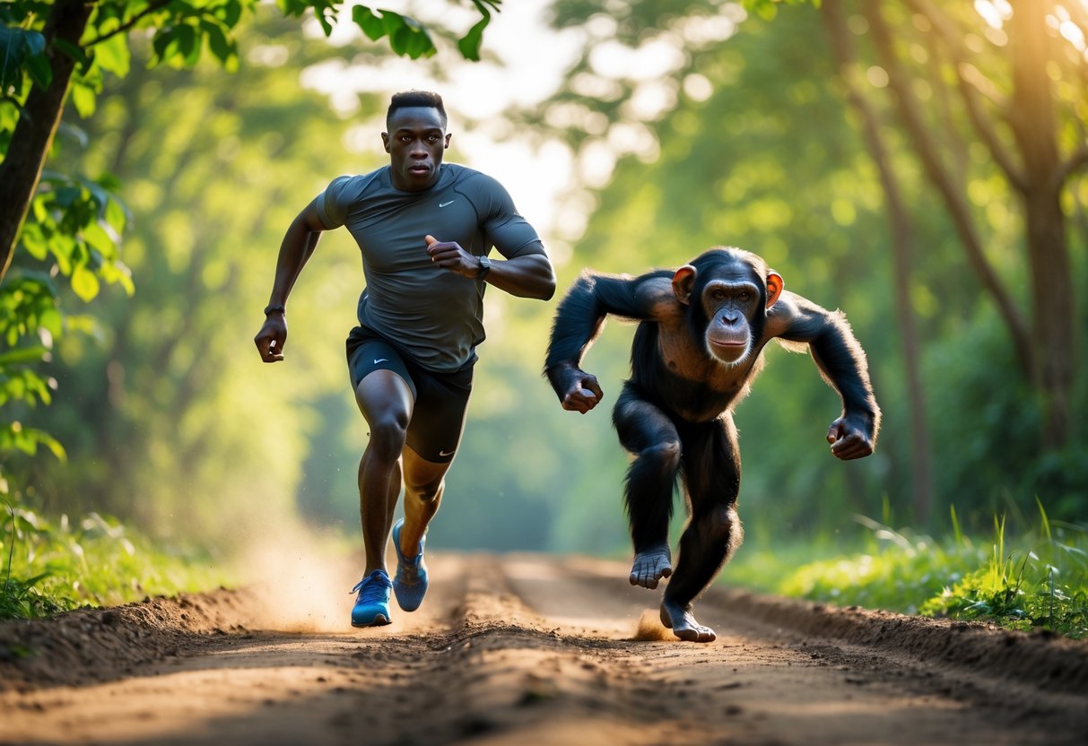 A human athlete and a chimpanzee sprinting side by side on a dirt track in a forested area.