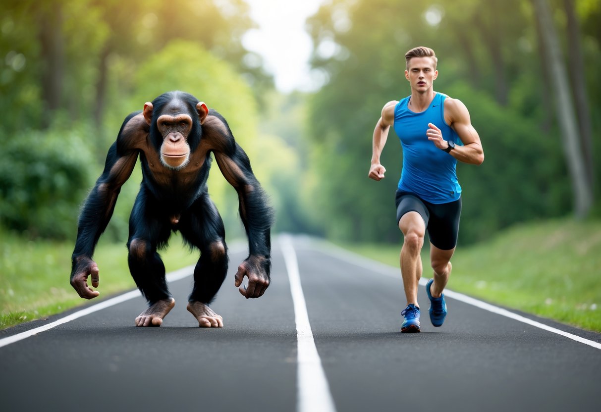 A chimpanzee and a human athlete sprinting side by side on a natural outdoor track surrounded by trees.
