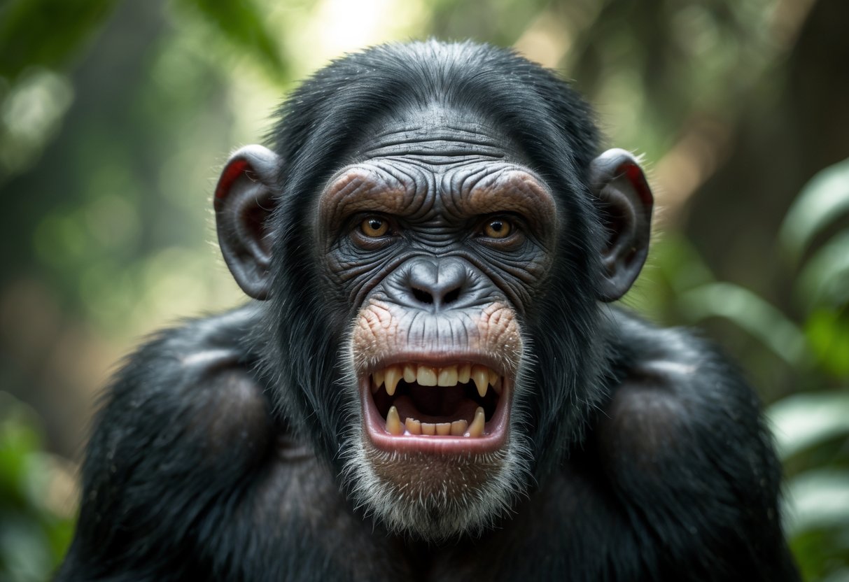 Close-up of an angry chimpanzee showing bared teeth and furrowed brow in a jungle setting.