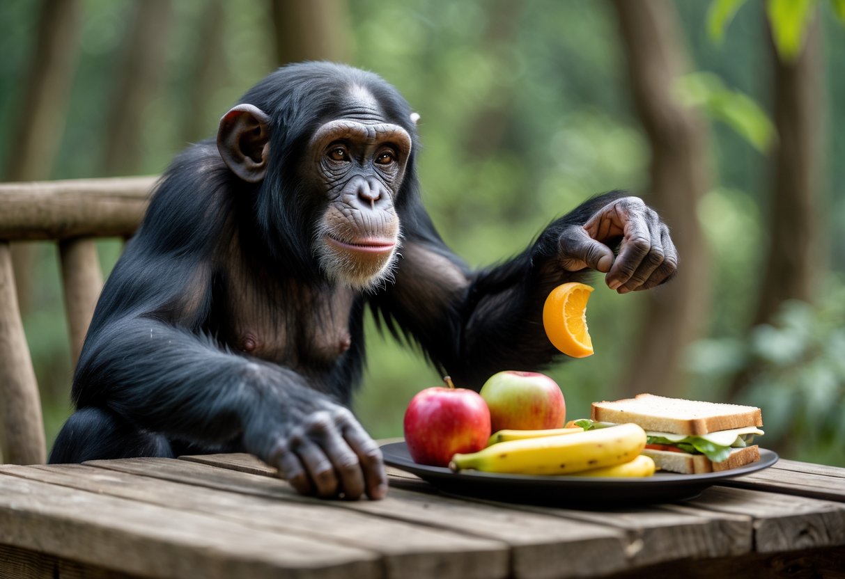 A chimpanzee sitting at a wooden table outdoors, reaching for a piece of fruit from a plate of human food.