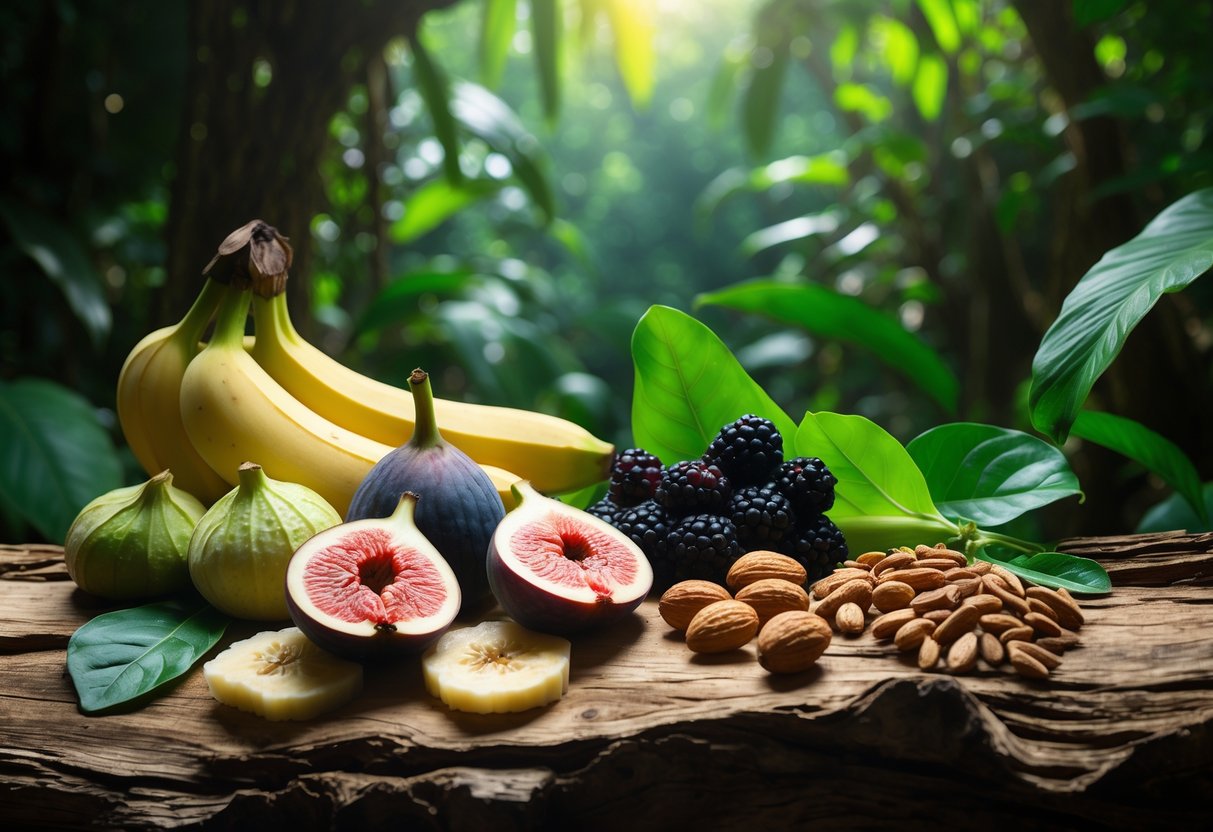 Close-up view of six foods chimpanzees eat arranged on a wooden surface in a jungle setting, including bananas, figs, berries, nuts, leafy greens, and termites.