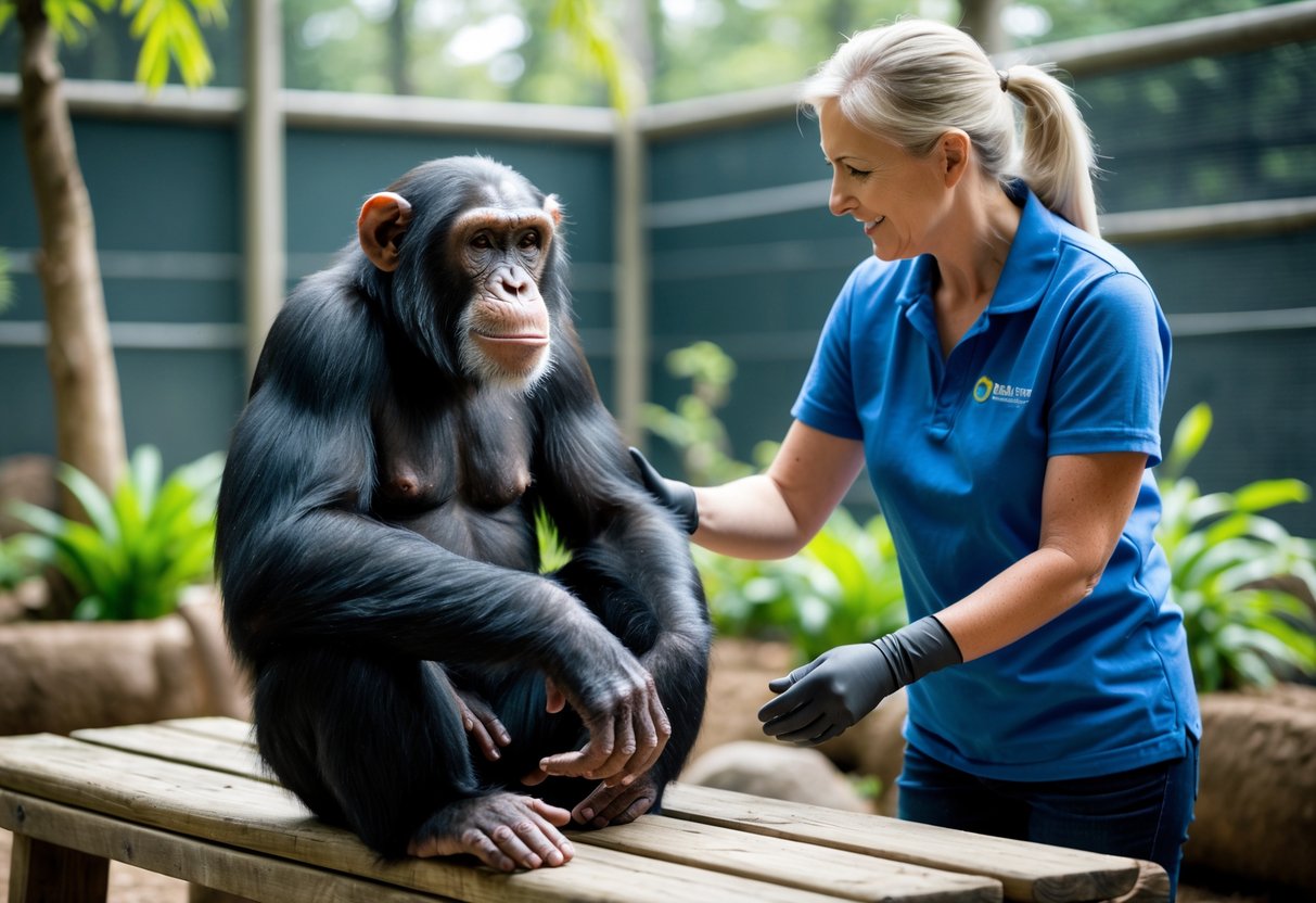A chimpanzee sitting on a bench in a secure outdoor enclosure with a human caretaker nearby.